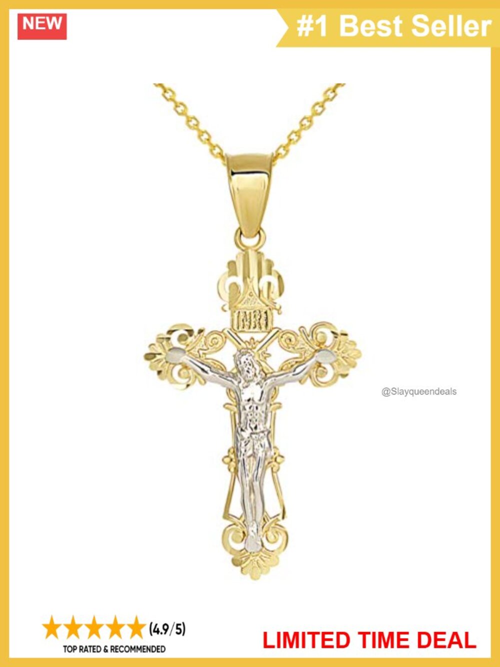 14K Two-Tone Gold Roman Catholic Cross Charm INRI Crucifix Pendant Necklace